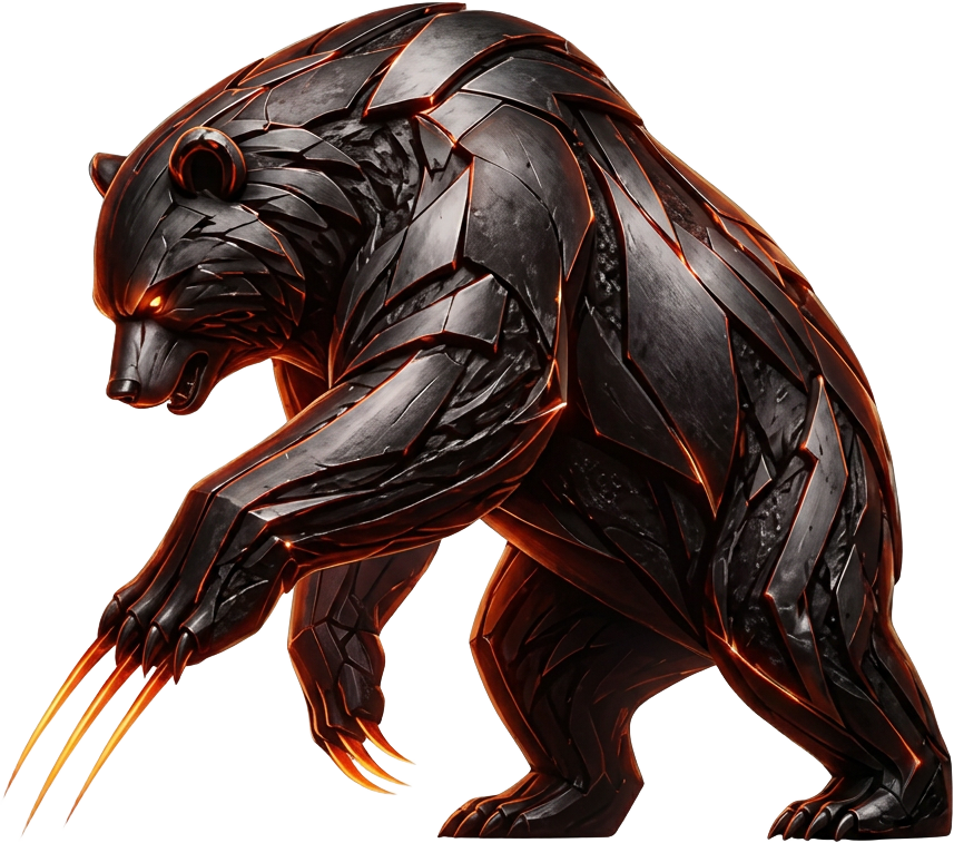 Armored mechanical bear with red rim light, claws extended