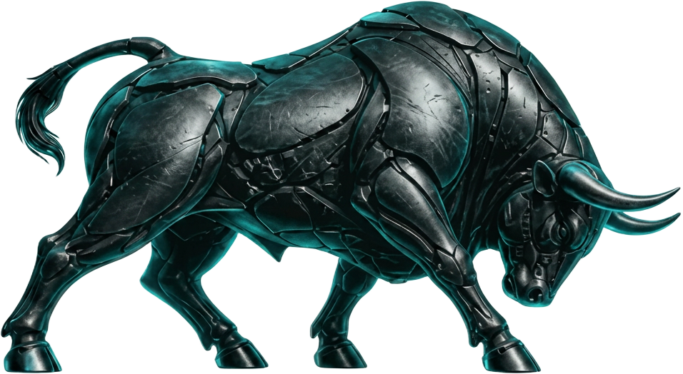 Armored mechanical bull with teal rim light, charging